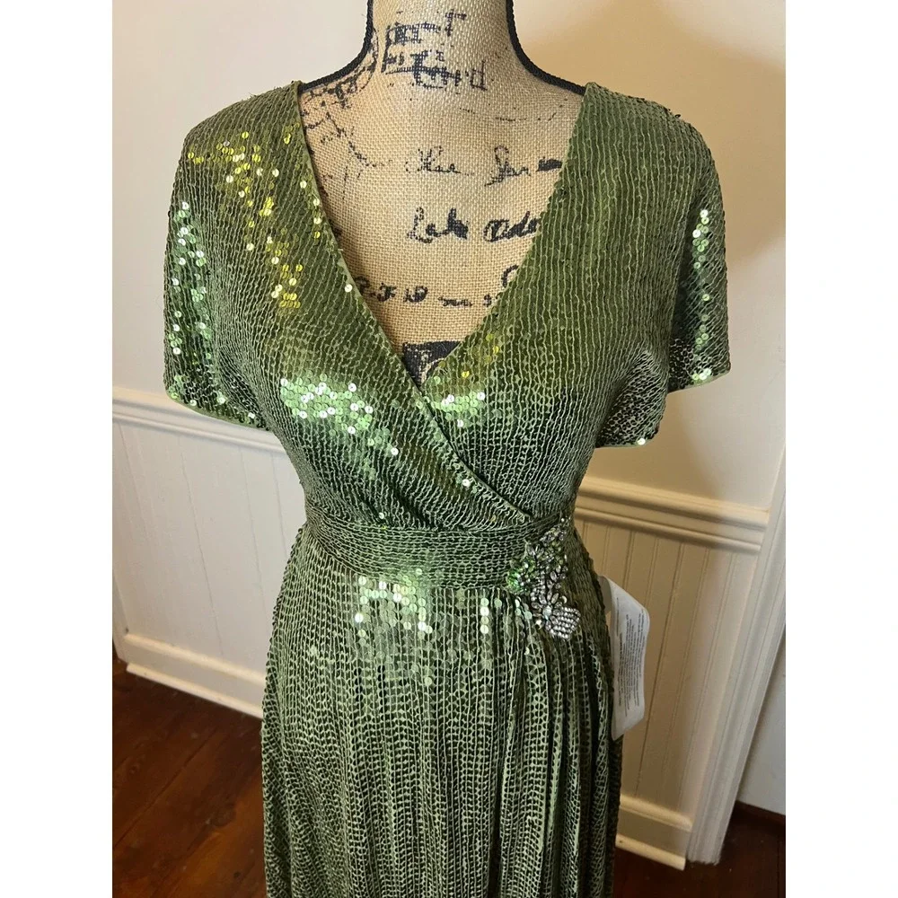Mac Duggal 10773 size 4 Stunning Olive‎ Green Sequin Wrap Gown Embellished Waist